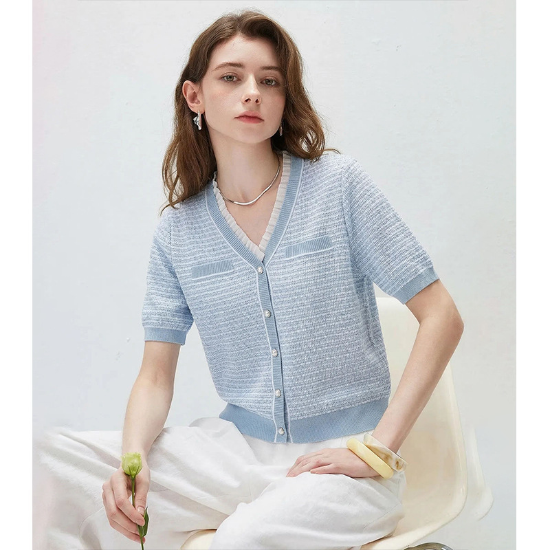 Fresh and Elegant Chanel-Style V-Neck Knit Top for Women, Summer Viscose Skin-Friendly Breathable Pearl Button Slim-Fit Shirt