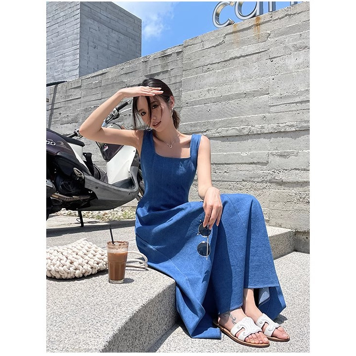 Source Factory Blue Mist Love French Denim Dress Women's Summer Niche Design Waist-Cinching Suspender Long Dress Source Factory Blue Mist Love French Denim Dress Women's Summer Niche Design Waist-Cinching Suspender Long Dress