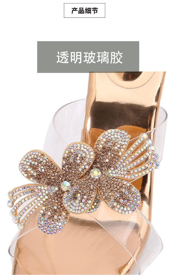 Sandal nữ quai ngang gót ly trong suốt đính hoa đá lấp lánh, gót 6–8 cm — Vàng Sâm Banh, bạc chi tiết 4