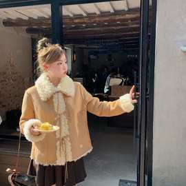 秋冬新款甜绒叙事卷毛翻领绑带羊羔毛皮毛一体外套女显瘦环保皮草