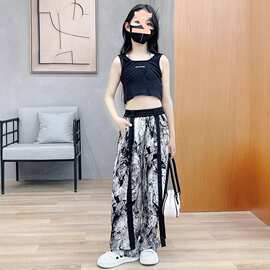 女童防蚊裤夏季冰丝水墨画裤子新款洋气女大童夏装薄款国风阔腿裤