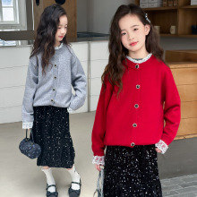 女童秋装小香风毛衣2025新款儿童秋季针织开衫中大童蕾丝拼接外套