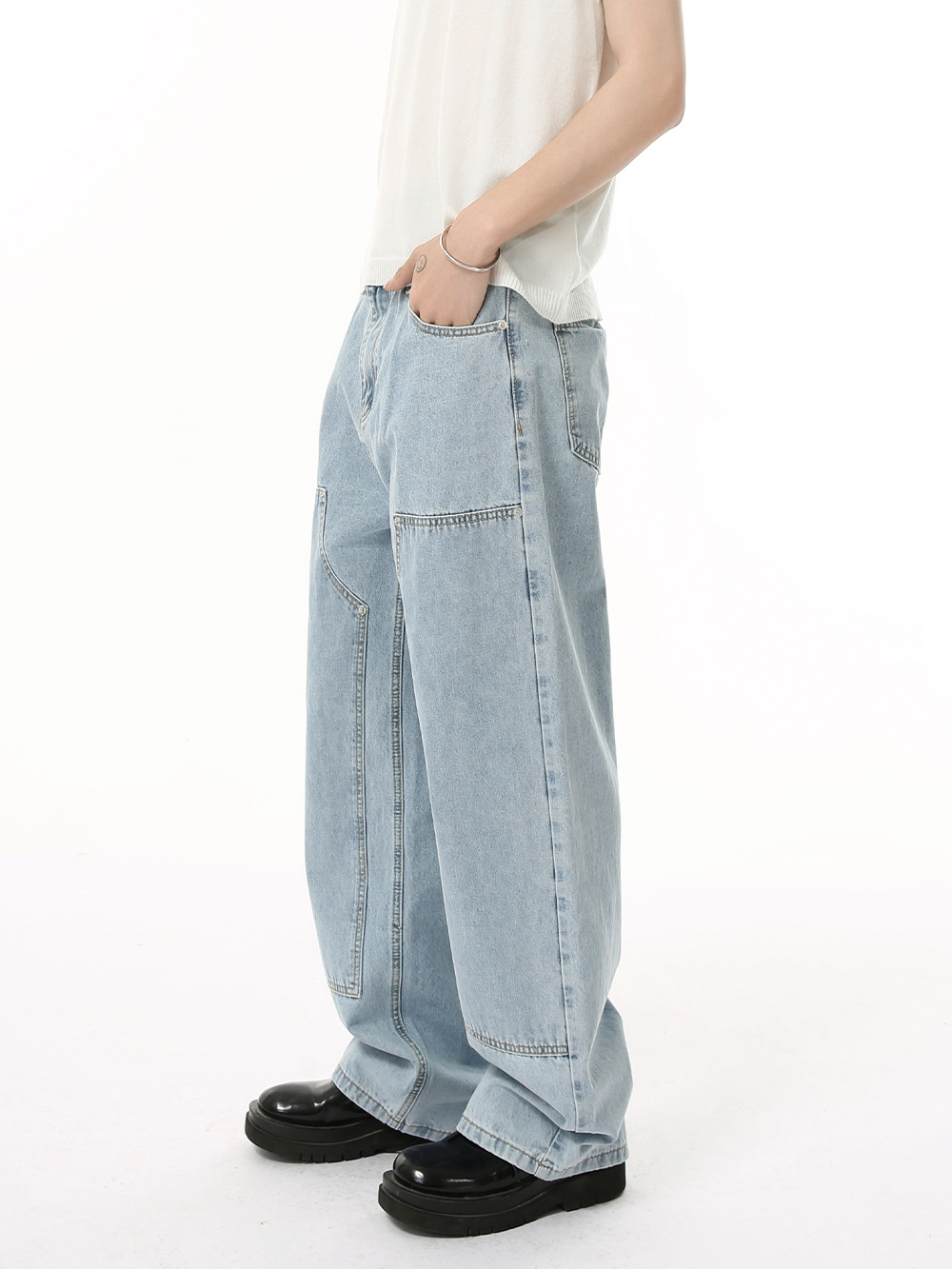 MTLCLOTHES Ropa de hombre | Versión coreana de cuatro estaciones de deconstrucción de línea abierta azul claro Pantalones vaqueros sueltos lavados rectos de moda