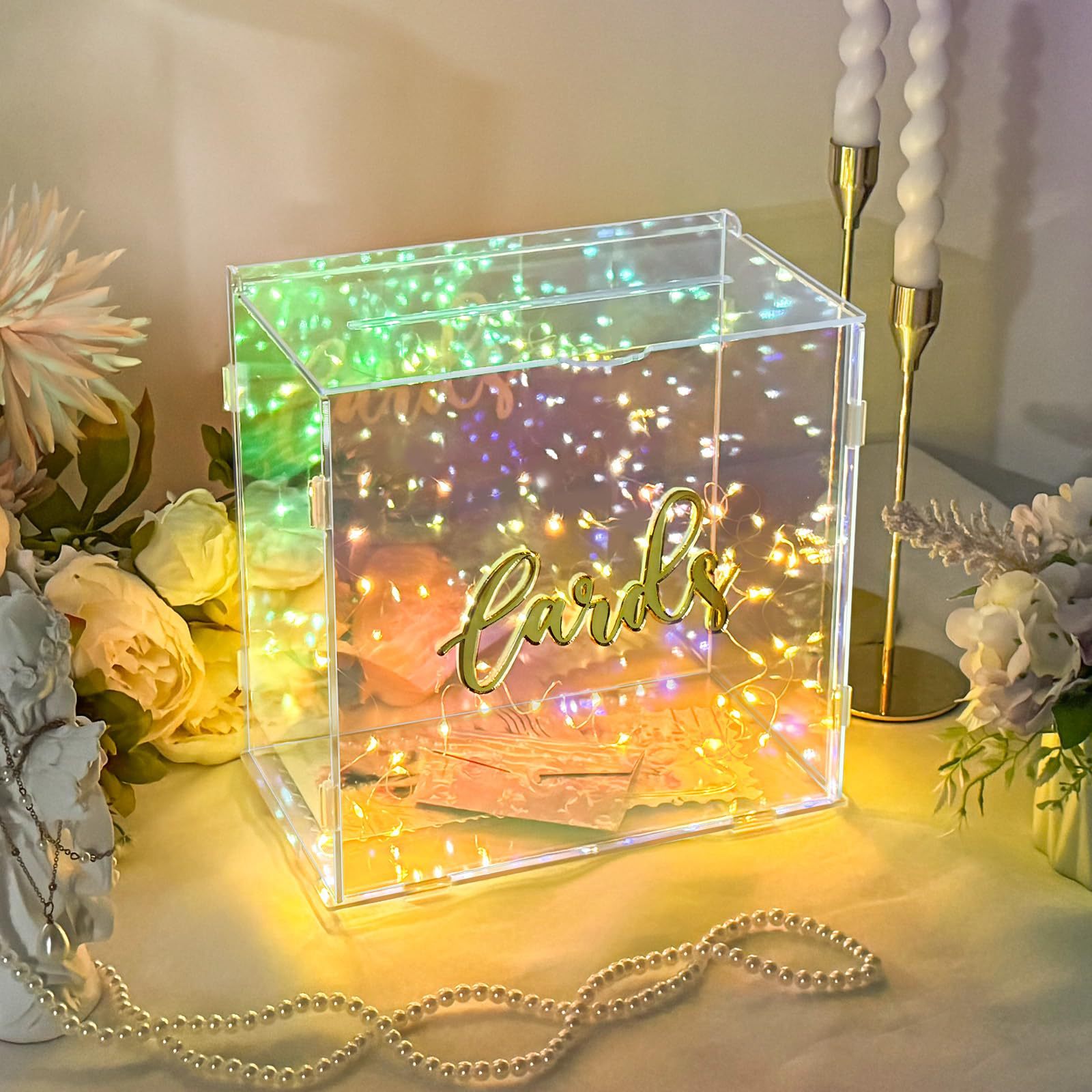 炫彩亚克力婚礼卡片盒带灯婚庆收集信封祝福语透明拆装彩虹展示盒