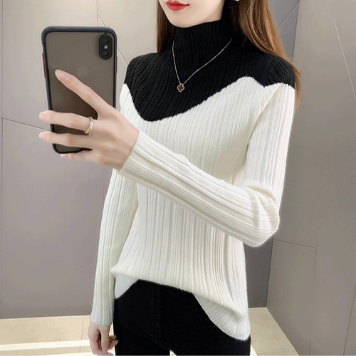 Autumn New Slim-Fit Base Layer Thin Sweater—Fall/Winter Stretch Top, White Half-Turtleneck Knitted Bottoming Shirt for Women