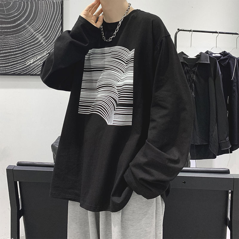 Long-sleeved T-shirt Men's Spring and Autumn Fashion Brand Large Size Fashionable Loose Sweater Base Shirt Printed Hong Kong Style T-shirt Top Clothes