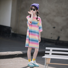 女童短袖T恤裙2024夏季新款中大童中長款韓版洋氣寬鬆彩虹連衣裙
