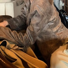 美式復古做舊鹿皮絨機車風皮衣外套女2023秋季新款小個子短款夾克