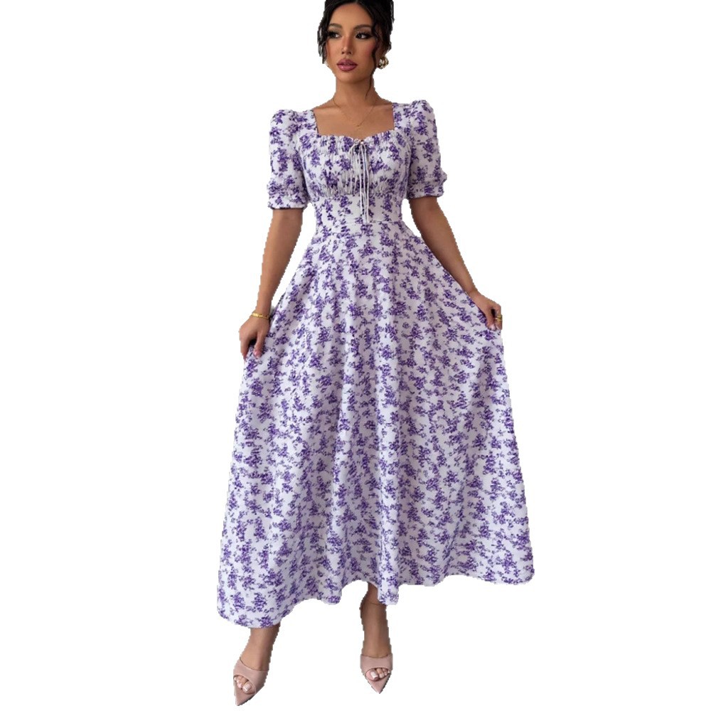 Women's Fashion Elegant U-neck Short-sleeved Printed Large Swing Dress