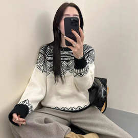 秋冬韩系费尔岛拼色针织衫女宽松显瘦百搭减龄黑白几何图案毛衣潮