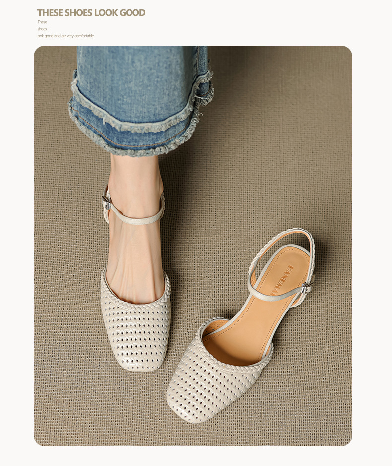 Giày sandal cao gót nữ quai ngang mũi tròn da bò, gót 5 cm — đen chi tiết 6