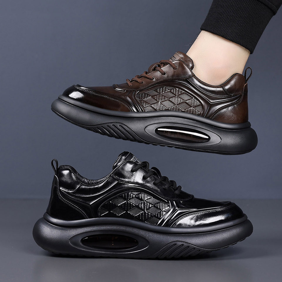 Giày thể thao nam da bò thật đế dày tăng chiều cao, giày sneaker nhẹ thoáng khí gót 3–5 cm — màu nâu, màu đen
