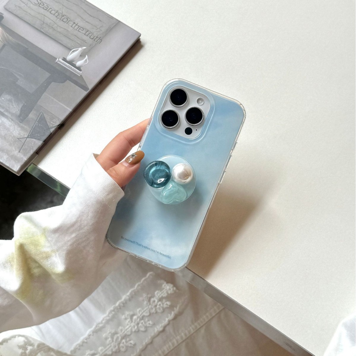 Sencillo azul florecimiento gema soporte para Apple 16ProMax funda para teléfono móvil 15Pro nueva pareja de 14PM 16P