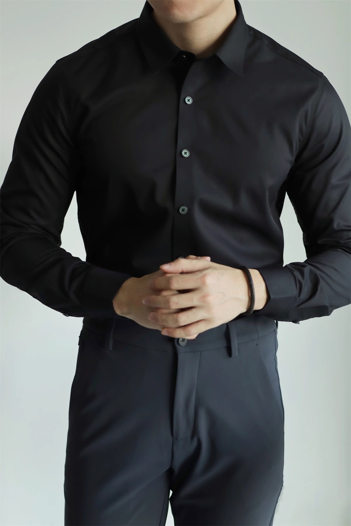 Abbigliamento da uomo, non stirabile, tinta unita, tecnologia nera a tre strati, senza cuciture, in fibra di bambù, a maniche lunghe, per il tempo libero, per lavoro, vestibilità comoda e aderente._voghion.com