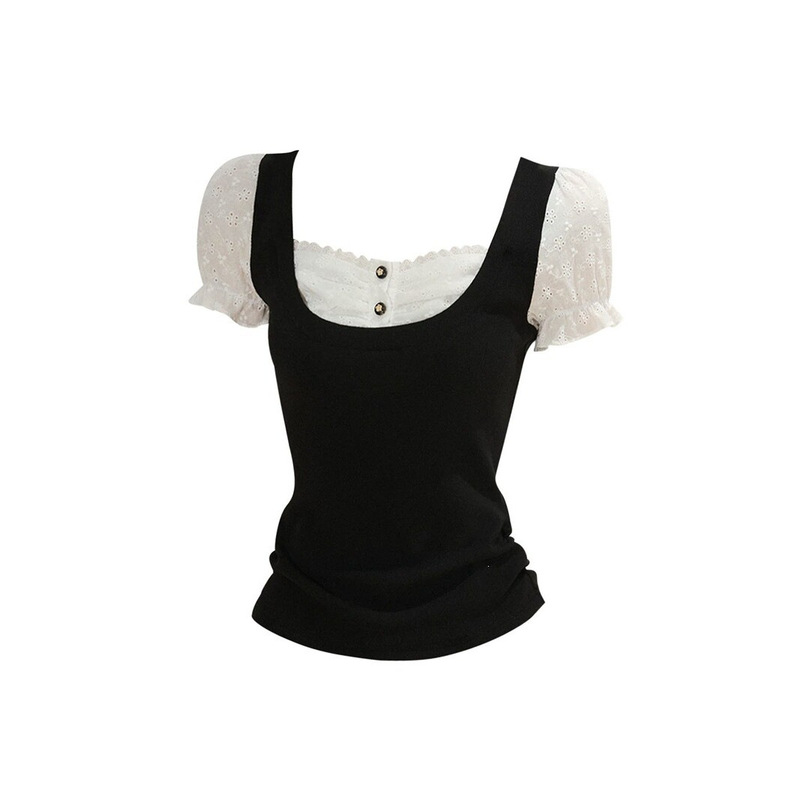 [210g 40-Count Fine Cotton] Korean-Style Lace Fake Two-Piece Puff Sleeve T-Shirt for Women, Summer Pure Desire Style Short-Sleeve Top