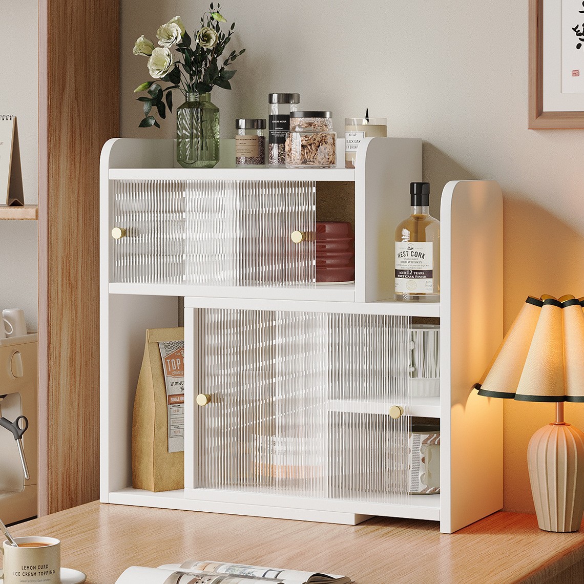 Desktop Bookshelf Storage Rack Dining Table Tea Cabinet Storage Countertop Coffee Cup Shelf Sideboard Table Storage Cabinet