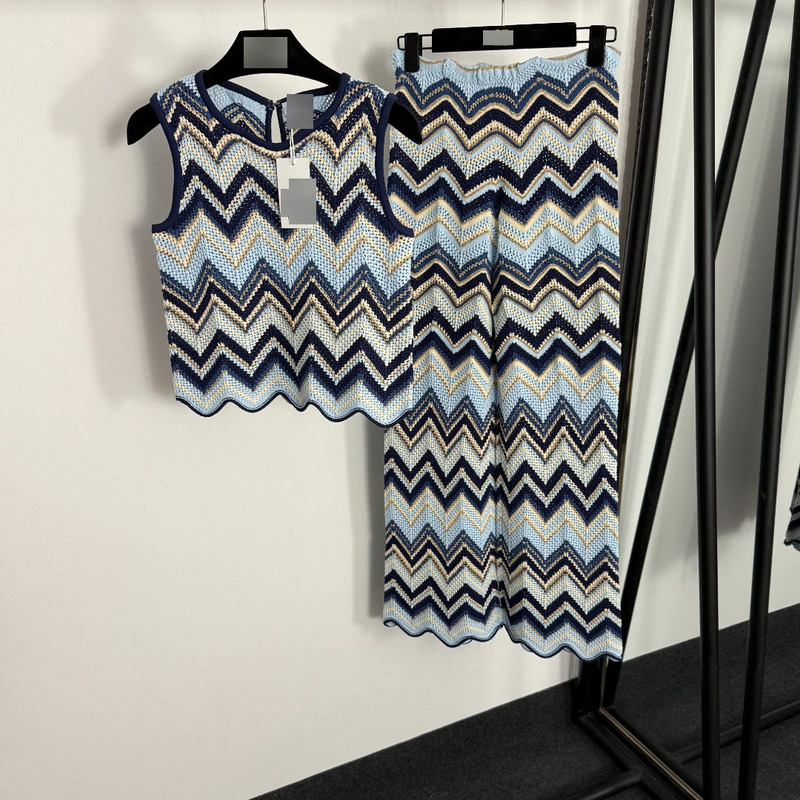 25 Export Nanyou New Knitted Suit Fashionable Wave Pattern Cut Out Knitted Vest + Straight High Waist Wide Leg Pants