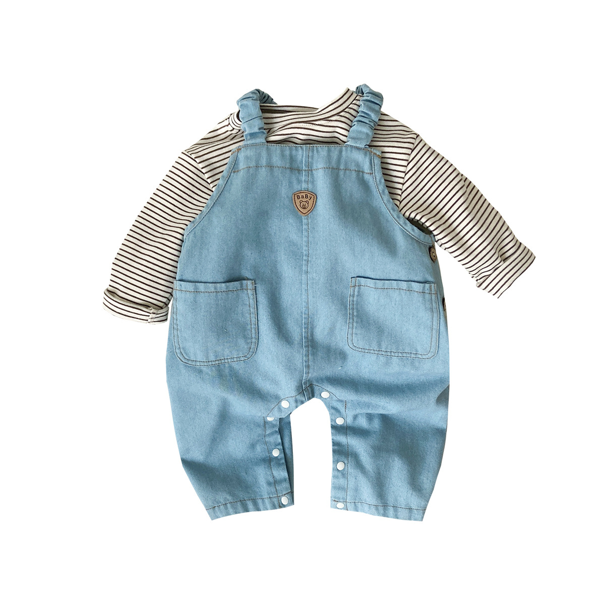 Ropa para niños coreanos 2025 primavera y otoño camiseta de bebé mono traje de dos piezas de mezclilla de estilo occidental para niños y niños de 1 a 3 años