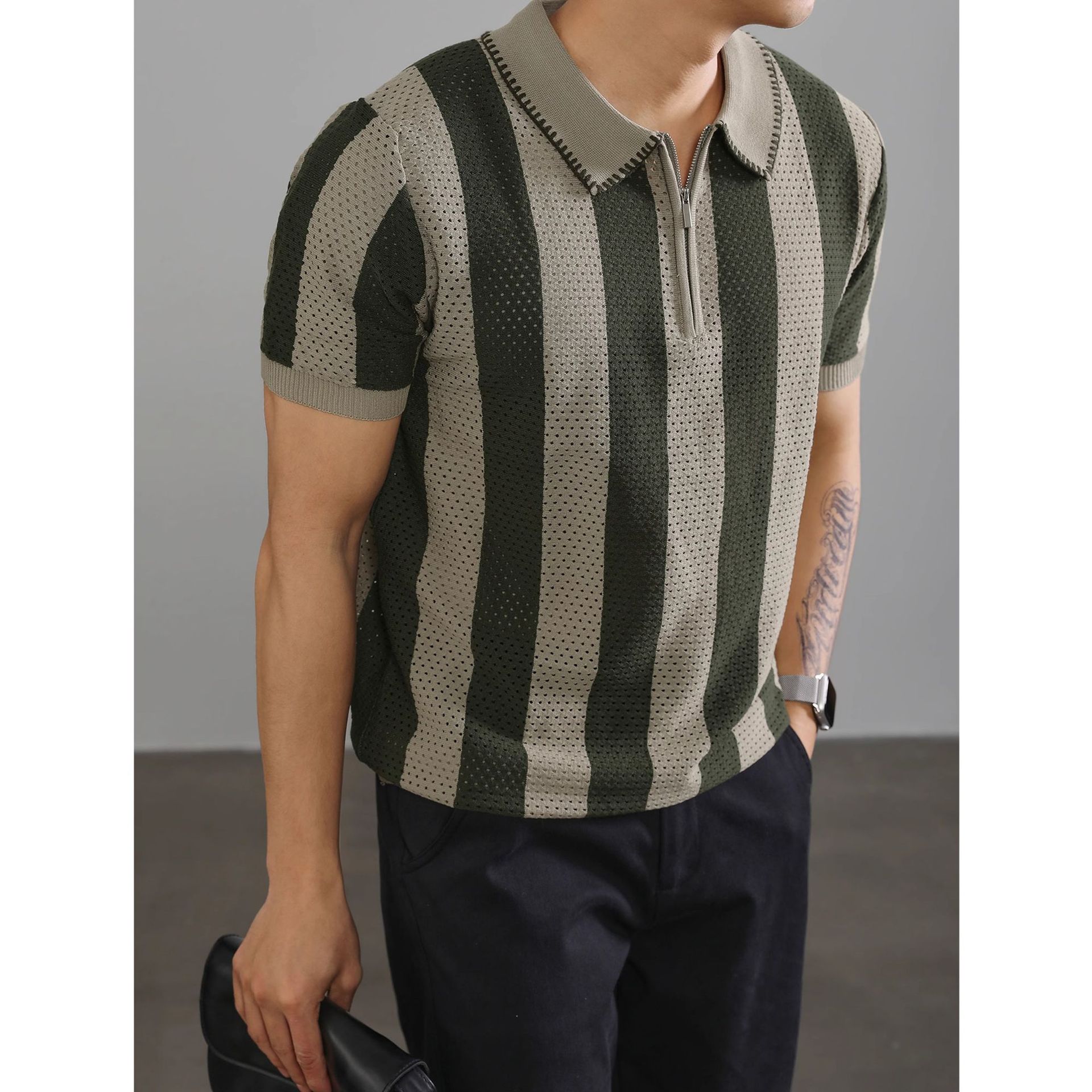 POLO camisa solapa suéter de manga corta hombres rayas huecas media cremallera negocios británicos verano comercio exterior transfronterizo al por mayor