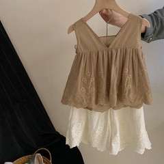 Charming Sweet Style Set for 2024 Little Girl: Square Collar Embroidered Blouse with Lace Edge, Casual Pant Set