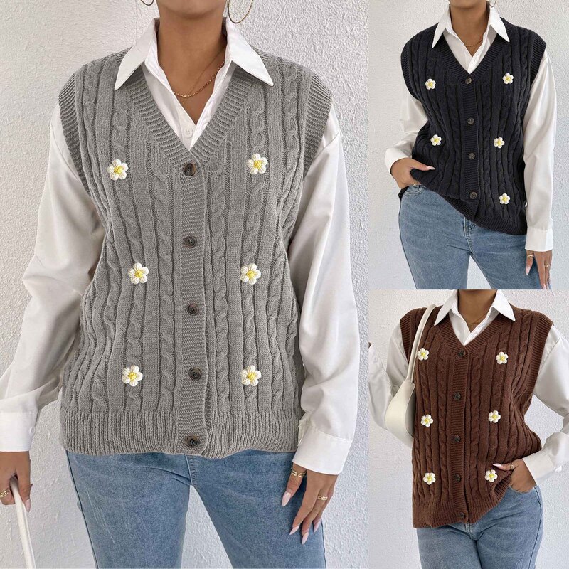 Women's Knitted Cardigan Autumn and Winter Women's Casual Outer Vest Twist Woven Sweater Stereo Flower Splicing Vest