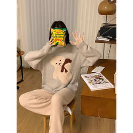 韩版卡通小熊珍贝绒睡衣女款2024新款秋冬款珊瑚绒冬季可爱家居服