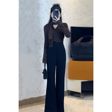 2025新款气质秋装通勤V领咖色系带上衣+黑色阔腿裤两件套韩版女潮