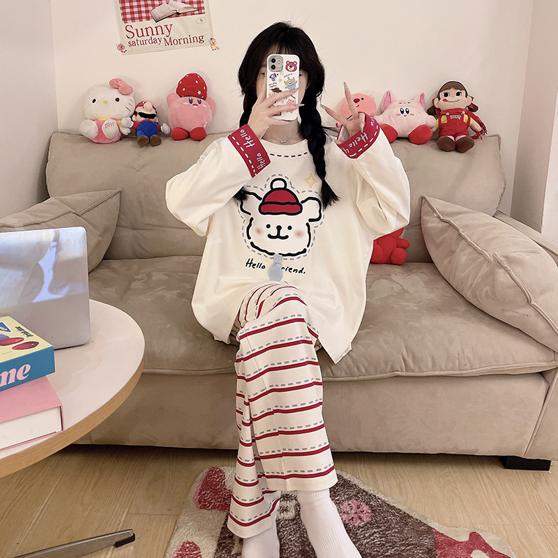 Pajamas for Women 2026 New Style Pure Cotton Long-Sleeved Long Pants for Girls in Spring and Autumn, Sweet and Cute, Large Size, Can Be Worn Outside as Home Clothes