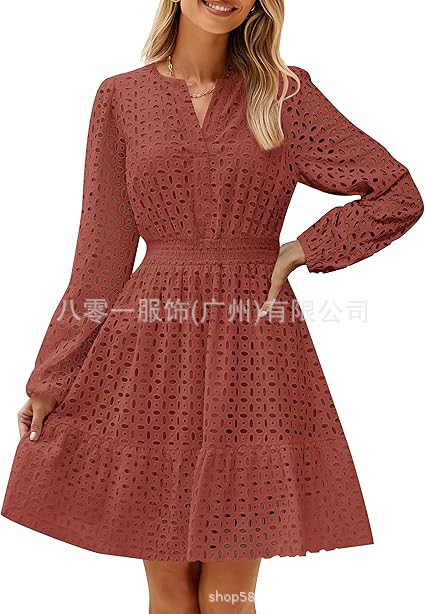 2024欧米の外国貿易クロスボーダー婦人服アマゾンの起爆vネックの透かし彫りの穴の刺繍綿の長袖のワンピース|undefined