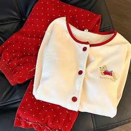 可爱氛围感甜美小狗波点德绒睡衣女春秋新款保暖舒适家居服两件套