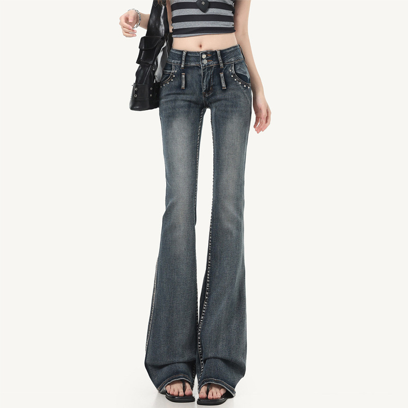 Blue-Gray American-Style Niche Low-Waist Flared Jeans for Women, 2026 New Summer Slim-Fit Flared Pants