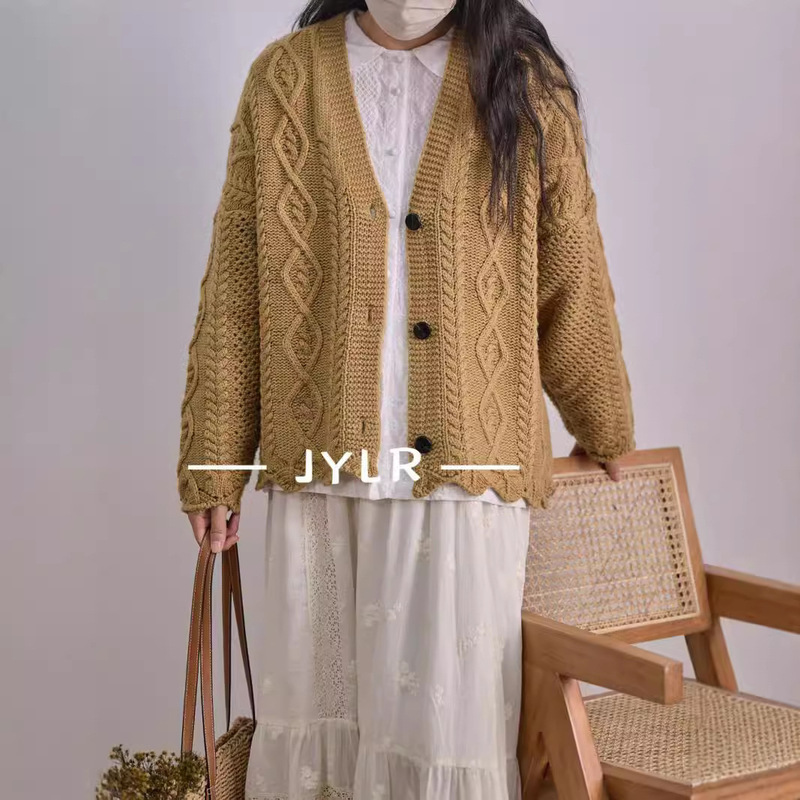 "Shanyou·2025" V-Neck Cable-Knit A-Lantern Wool Cardigan for Women, Casual Outerwear, Women's Sweater, Lazy Style