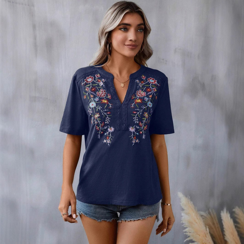 2025 Popular European and American Amazon Cross-Border Summer Fashion Ten Thousand Needle Embroider Splicing Lace Top Women's t