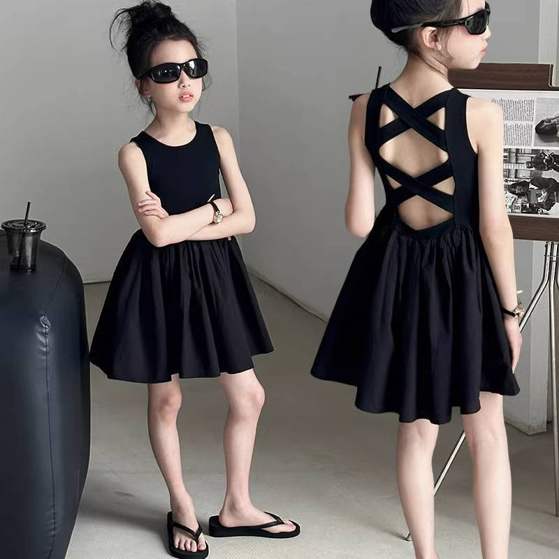 Trendy Girls' Summer Dress New Children's Backless Cool Black Beach Dress