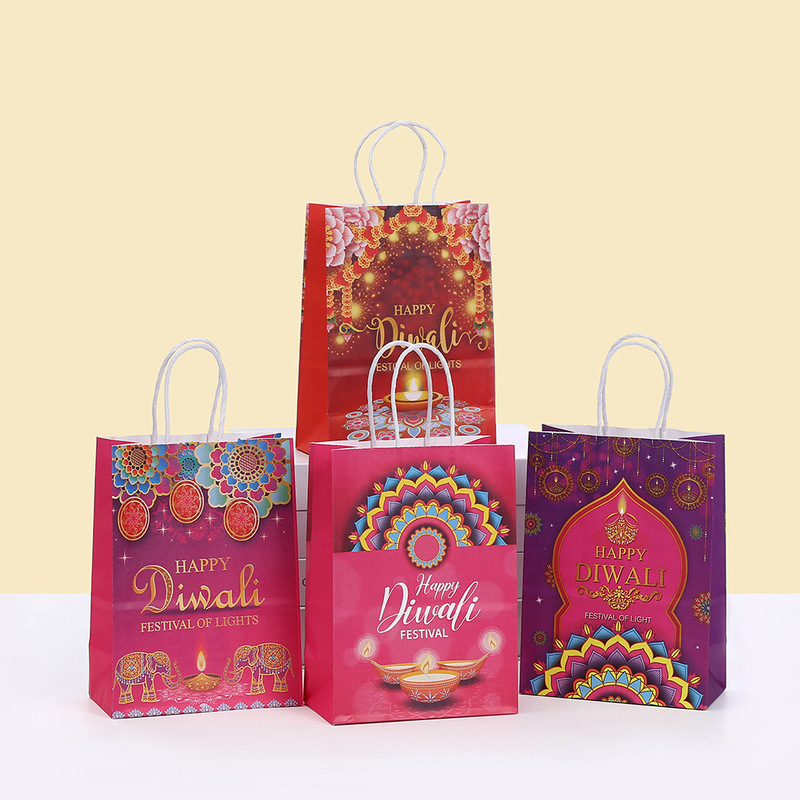 Creative South Asian Diwali Printed Kraft Paper Bag Holiday Party Gift Bag Handbag Gift Packaging Bag