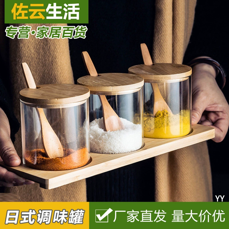 Деревянный резервуар для приправ в японском стиле, кухонный комбинированный ящик для приправ с крышкой, бытовой ящик для хранения с ложкой, коробка для приправ из борного стекла
