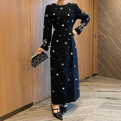 现货2025新款欧美明星时尚重工钉珠镶钻修身长款连衣裙 礼服长裙