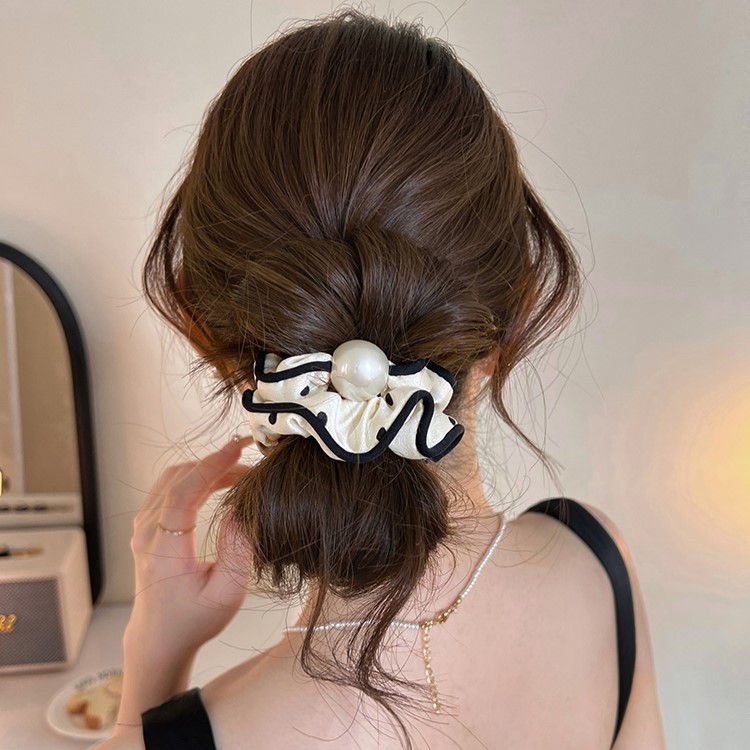 Fransk stil prickig scrunchie med pärlor elastisk hårsnodd_voghion.com