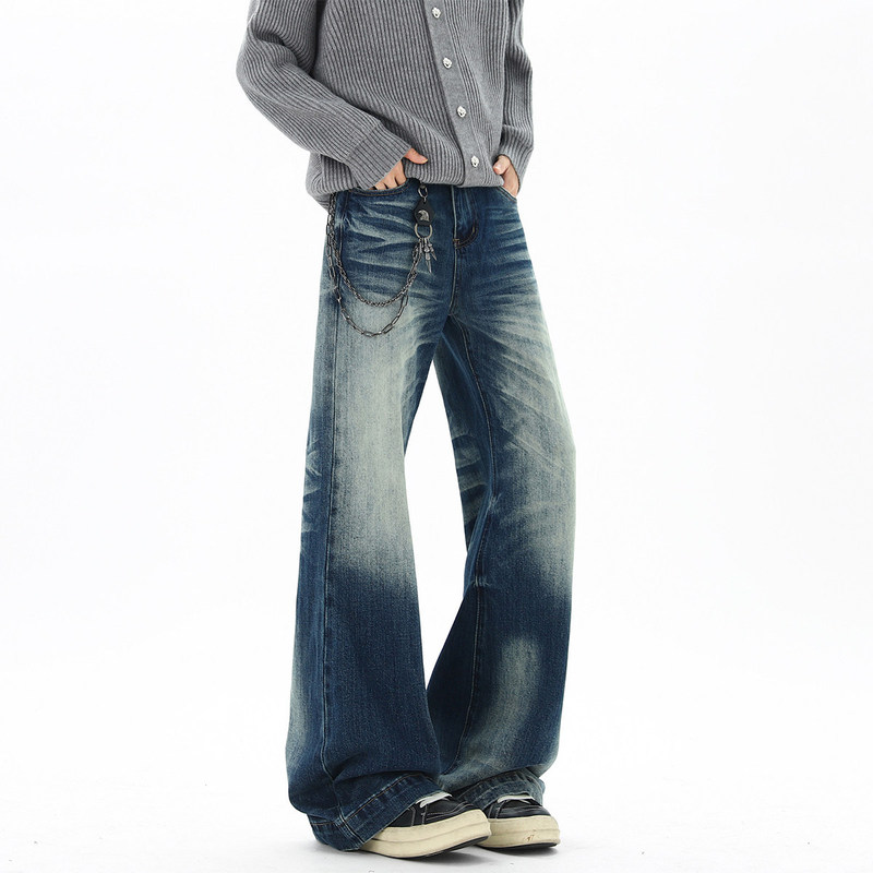 Washed Whiskered Jeans for Men, Straight Loose Wide-Leg American High Street Style, Trendy Versatile Casual Flared Long Pants Washed Whiskered Jeans for Men, Straight Loose Wide-Leg American High Street Style, Trendy Versatile Casual Flared Long Pants