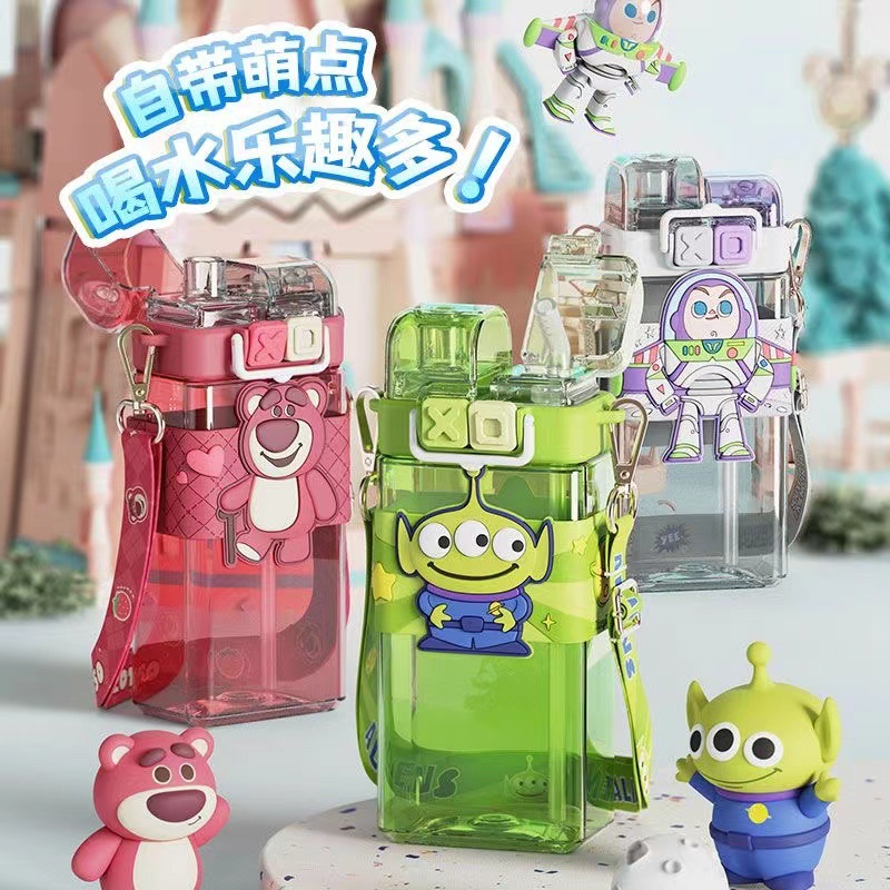 Disney Water Cup Strawberry Bear Square Cup Series with Straw Double Drink Cup Three-eyed Baby Buzz Lightyear with Shoulder Strap 