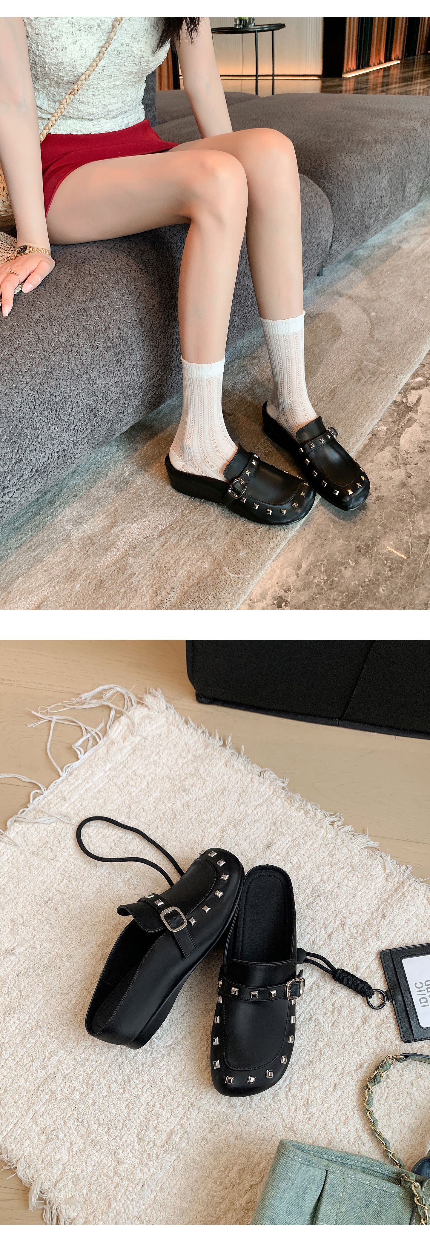 Mule nữ bít mũi đế tăng 4cm đinh tán – giày hè một bước xỏ — màu đen, màu hồng chi tiết 12