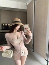 蕾丝拼接纯欲风u领长袖开衫T恤女夏季修身收腰设计感辣妹显瘦上衣