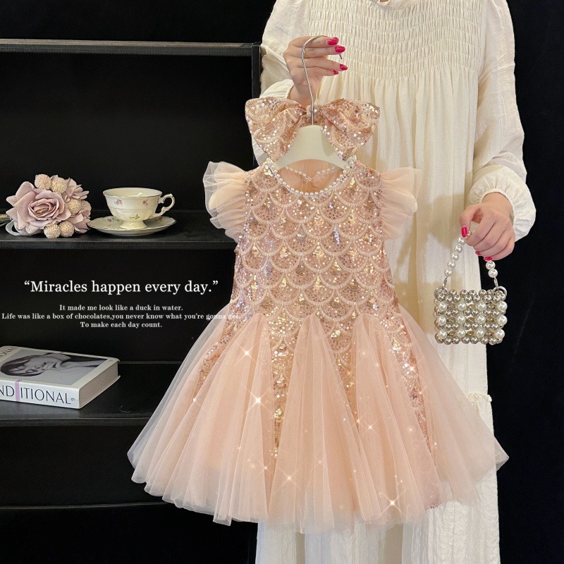 Girls dress 2025 Summer New Children Stylish Princess Dress Baby Fashion Mesh Flying Sleeve Vest Skirt