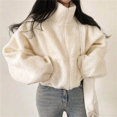 立襟の短いガーディアンの女性は秋冬にベルベットが厚くてゆるいinsが怠惰な風の子羊のベルベットのカーディガンのジッパーコートを着ている