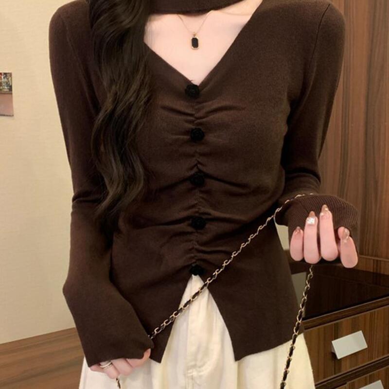 Autumn Women's Coffee-Colored Halter Knit Base Shirt by Miu, Beautiful Waist-Cinching Daliang Woolen Top