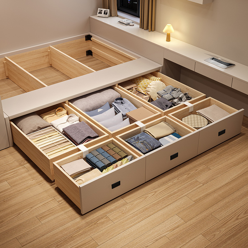 No Bedside Box Drawer Bedroom Floor Bed Row Skeleton High Box Storage Storage Bed Solid Wood Tatami Leather Bed