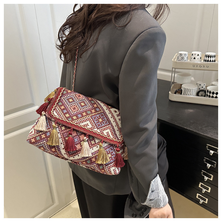 336g Weight Flip Cover Closure Type Single Shoulder Strap Strap Type Shoulder Bag Bags Type Casual, Holiday Occasion Cloth Material Geometric Pattern All Seasons Season Women's Gender Elegant, Ethnic Style Style Square Shape Women's Cloth Geometric Elegant Ethnic Style Square Flip Cover Shoulder Bag 16