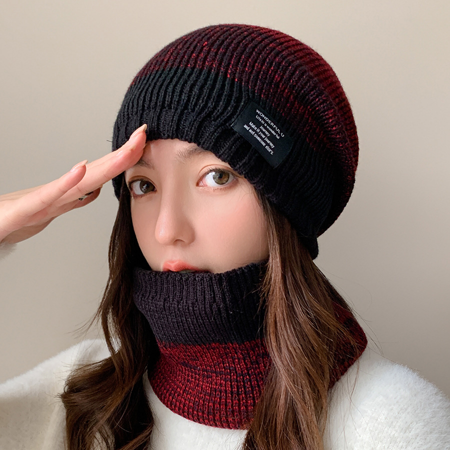 Knitted pullover hat scarf kit men's and women's winter thickened and velvet outdoor face protection two-color knitted hat_voghion.com