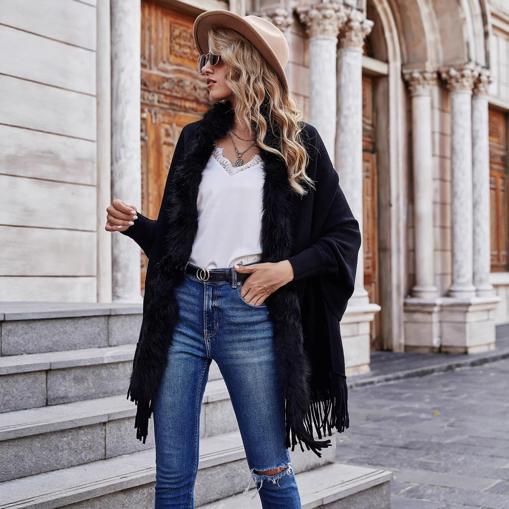 Suéter de mujer para comercio exterior europeo y americano 2026, cárdigan tipo abrigo con cuello de piel para otoño e invierno, ideal para plataformas independientes de Amazon.