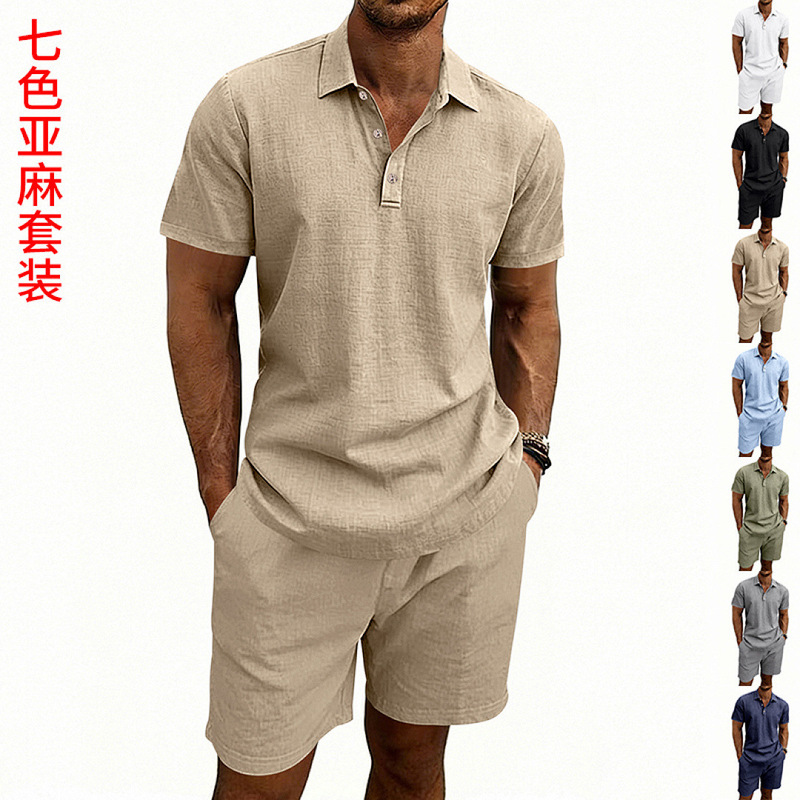 American-Style Summer Linen Casual Vacation Men's Loose-Fit Plus-Size Simple Polo Beach Short-Sleeve Shorts Set American-Style Summer Linen Casual Vacation Men's Loose-Fit Plus-Size Simple Polo Beach Short-Sleeve Shorts Set